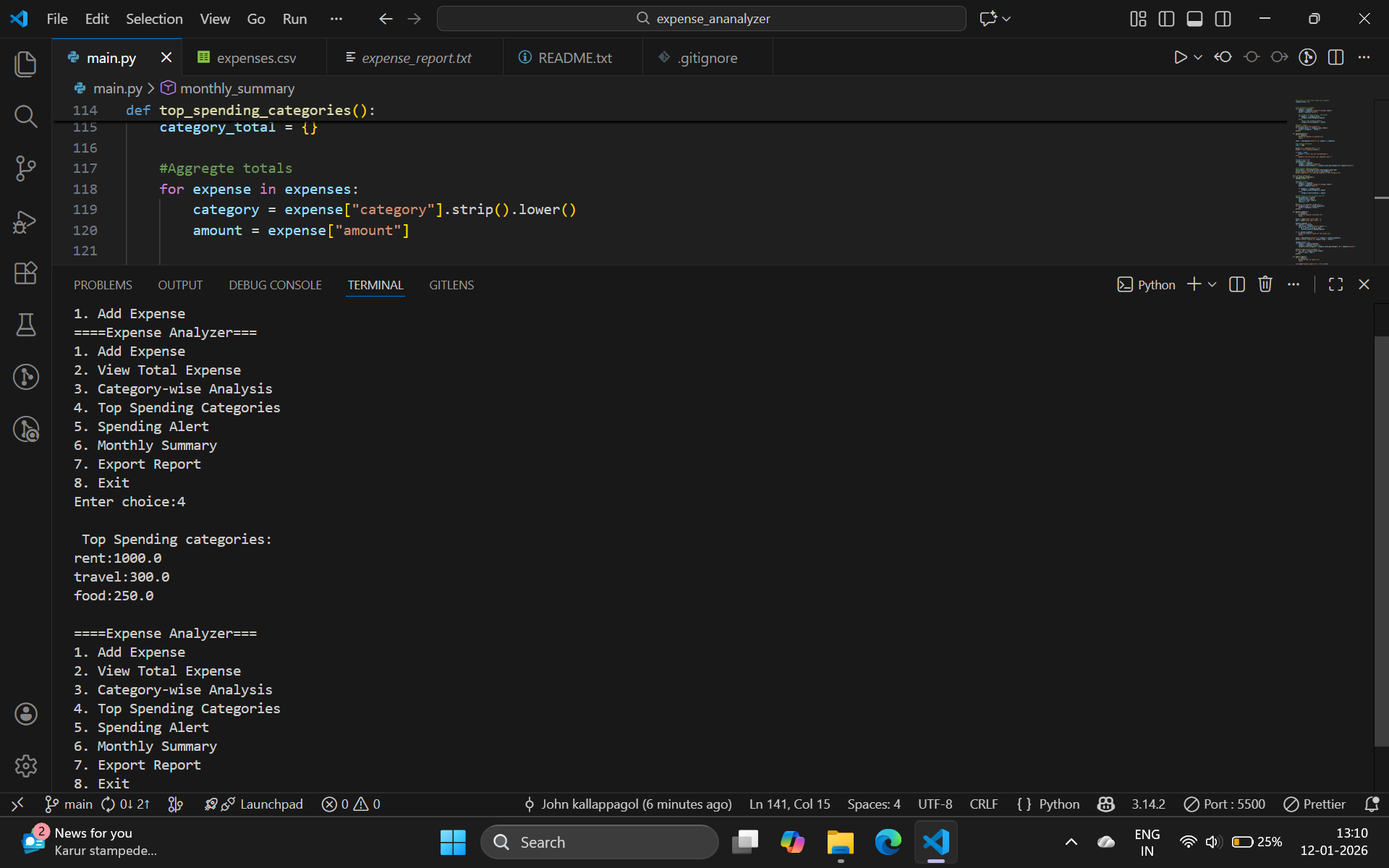 Expense Analyzer Code Interface